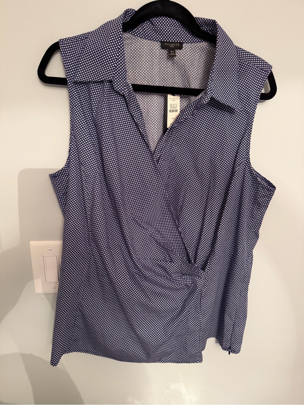 Talbots Navy and White Dot Sleeveless Wrap-Style Blouse 16W NWT